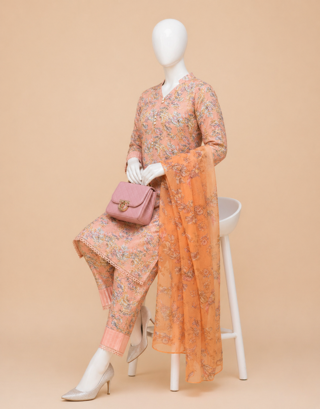 AC-03 Peach Printed Airjet Viscous Silk 3pc Wt