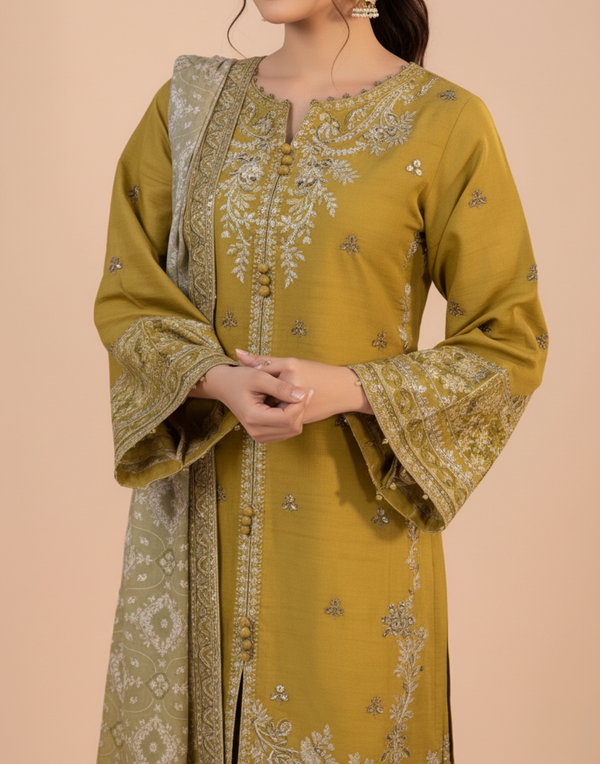 laam Embroidered Dhanak 3PC Lemon laam-44