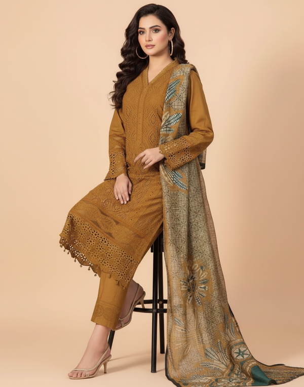 Chikenkari D-762 Musturd Lawn Embroidered 3PC