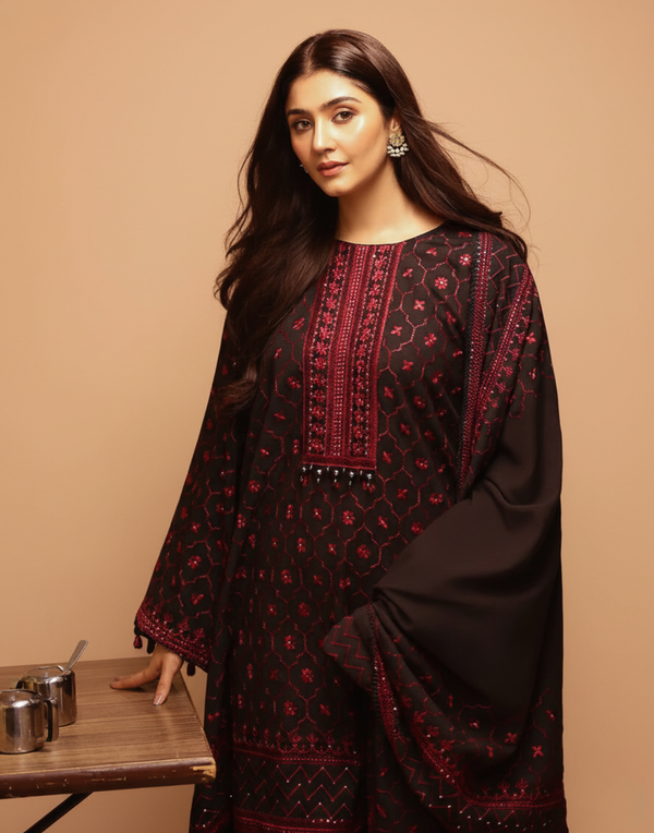 Cross Stitch Black Embroidered Dhanak 3PC Winter D-88