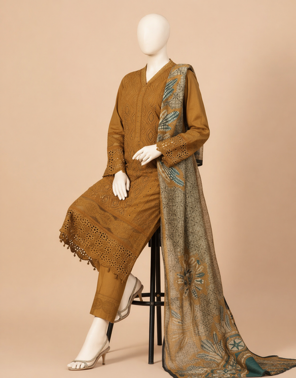 Chikenkari D-762 Musturd Lawn Embroidered 3PC