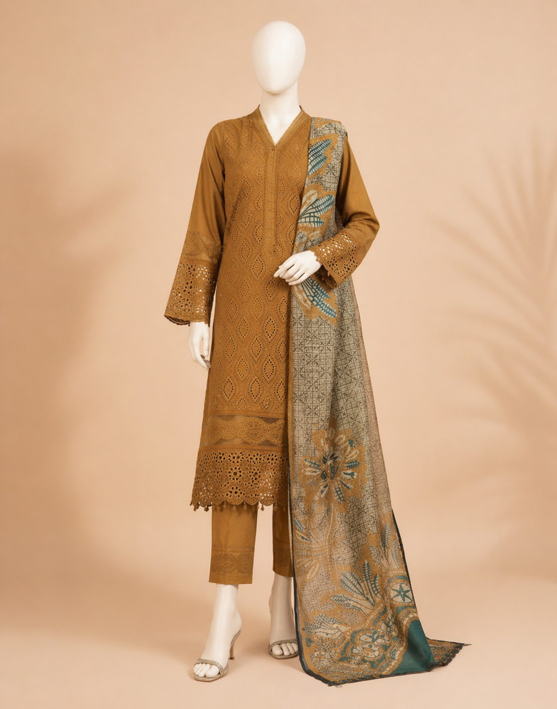 Chikenkari D-762 Musturd Lawn Embroidered 3PC