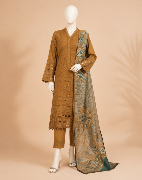 Chikenkari D-762 Musturd Lawn Embroidered 3PC