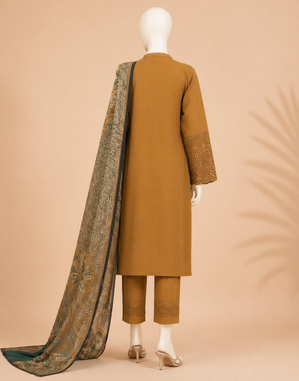 Chikenkari D-762 Musturd Lawn Embroidered 3PC