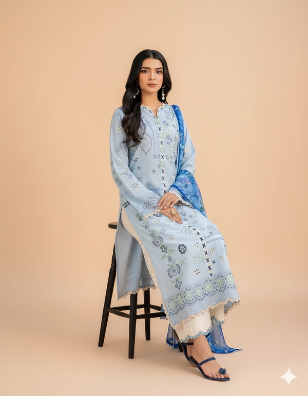 Qalamkaar QL-1049 Chikenkari Embroidered Dhanak 3pc