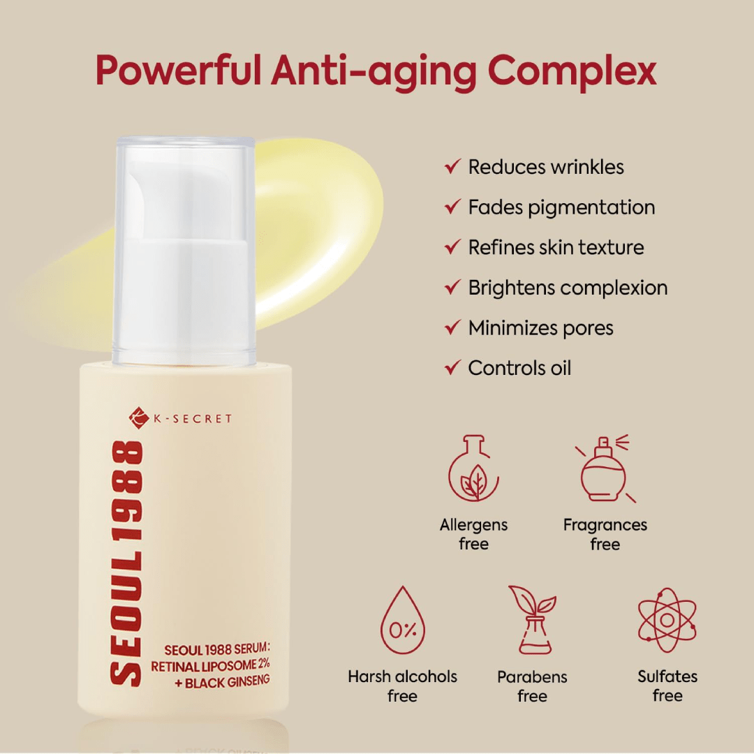 K-SECRET SEOUL 1988 Retinal Serum – 2% Advanced Retinal Liposome & 58% Black Ginseng Extract | Fine Lines & Skin Texture Refining Korean Skincare Serum