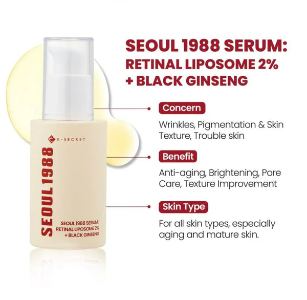K-SECRET SEOUL 1988 Retinal Serum – 2% Advanced Retinal Liposome & 58% Black Ginseng Extract | Fine Lines & Skin Texture Refining Korean Skincare Serum