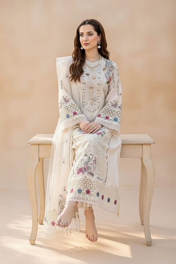 EID Collection Chikenkari Qalamkar Embroidered lawn 3Pc QL-1020