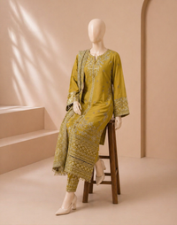 laam Embroidered Dhanak 3PC Lemon laam-44
