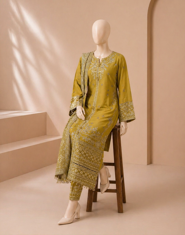 laam Embroidered Dhanak 3PC Lemon laam-44