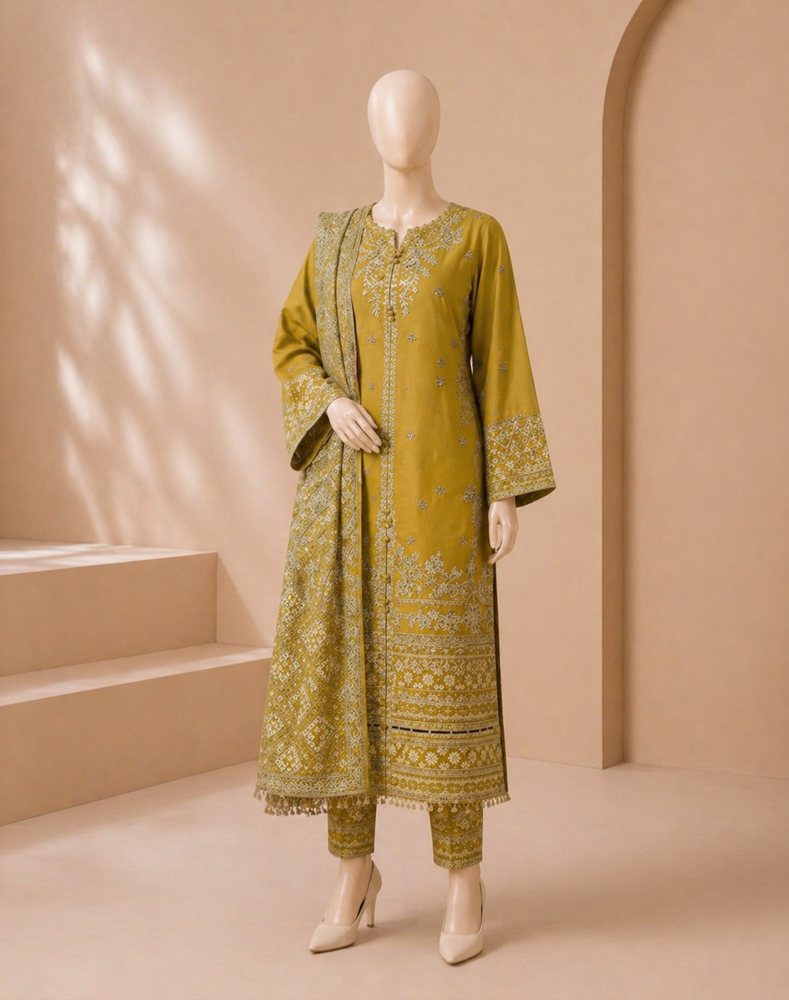laam Embroidered Dhanak 3PC Lemon laam-44