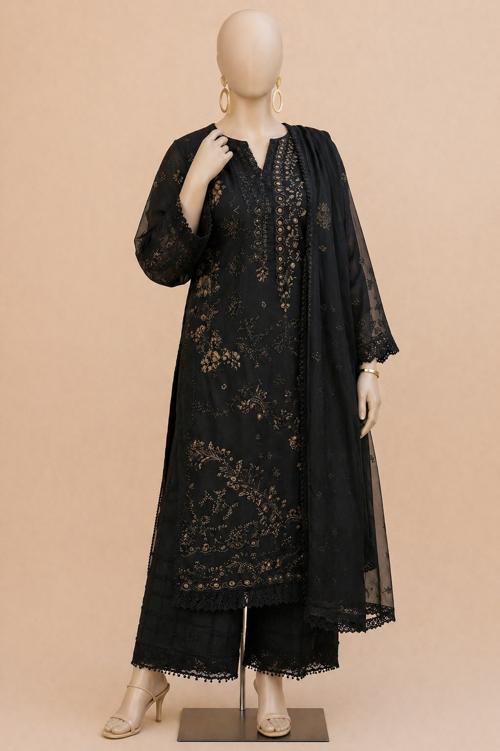 black lawn Embroidered three piece