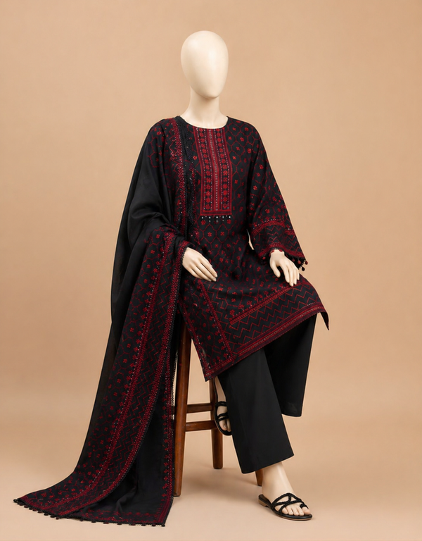 Cross Stitch Black Embroidered Dhanak 3PC Winter D-88